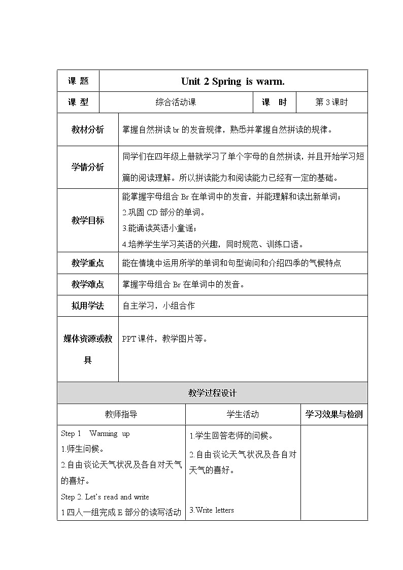 湘少版四年级下册英语 Unit 2 Spring is warm.（第三课时）教案01