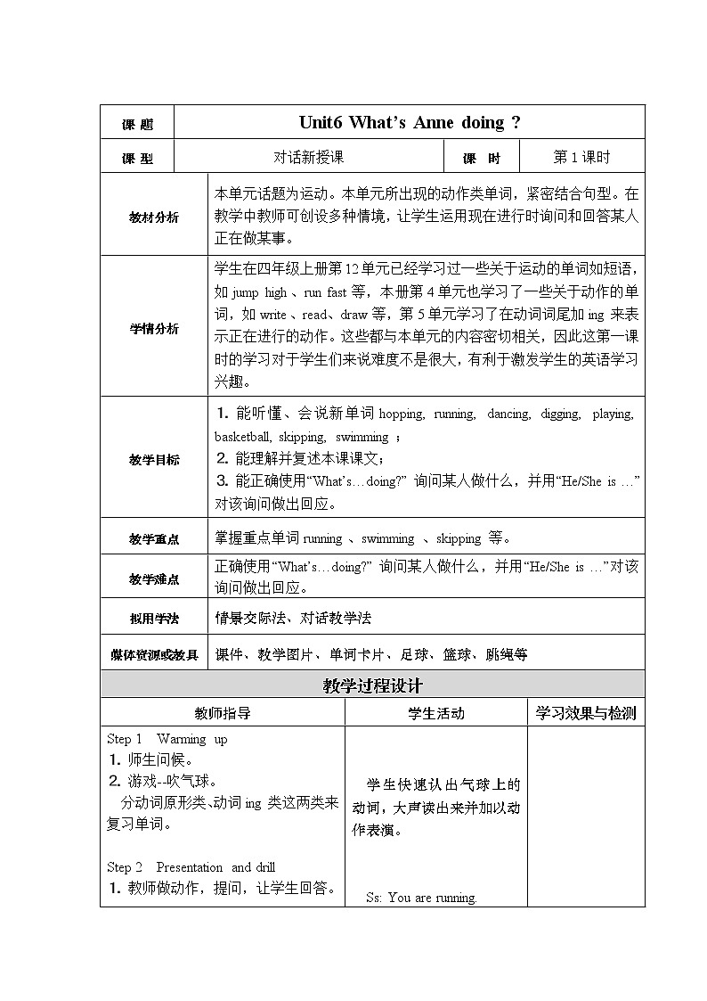 湘少版四年级下册英语 Unit 6 What’s Anne doing？（第一课时）教案第1页