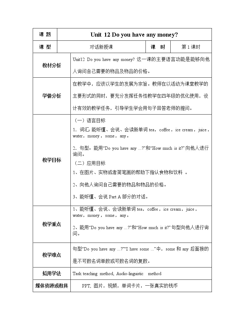 湘少版四年级下册英语 Unit 12 Do you have any money？（第一课时）教案第1页