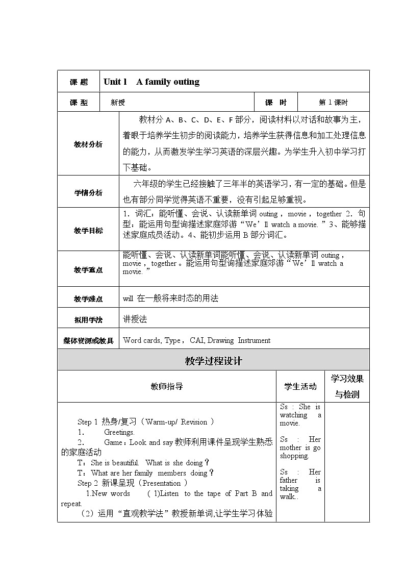 湘少版英语六年级下册 Unit 1 A family outing（第一课时）教案01