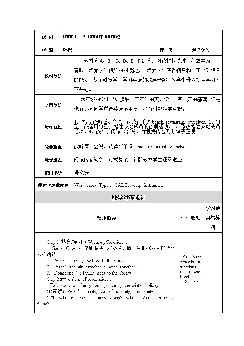 湘少版英语六年级下册 Unit 1 A family outing（第二课时）教案01