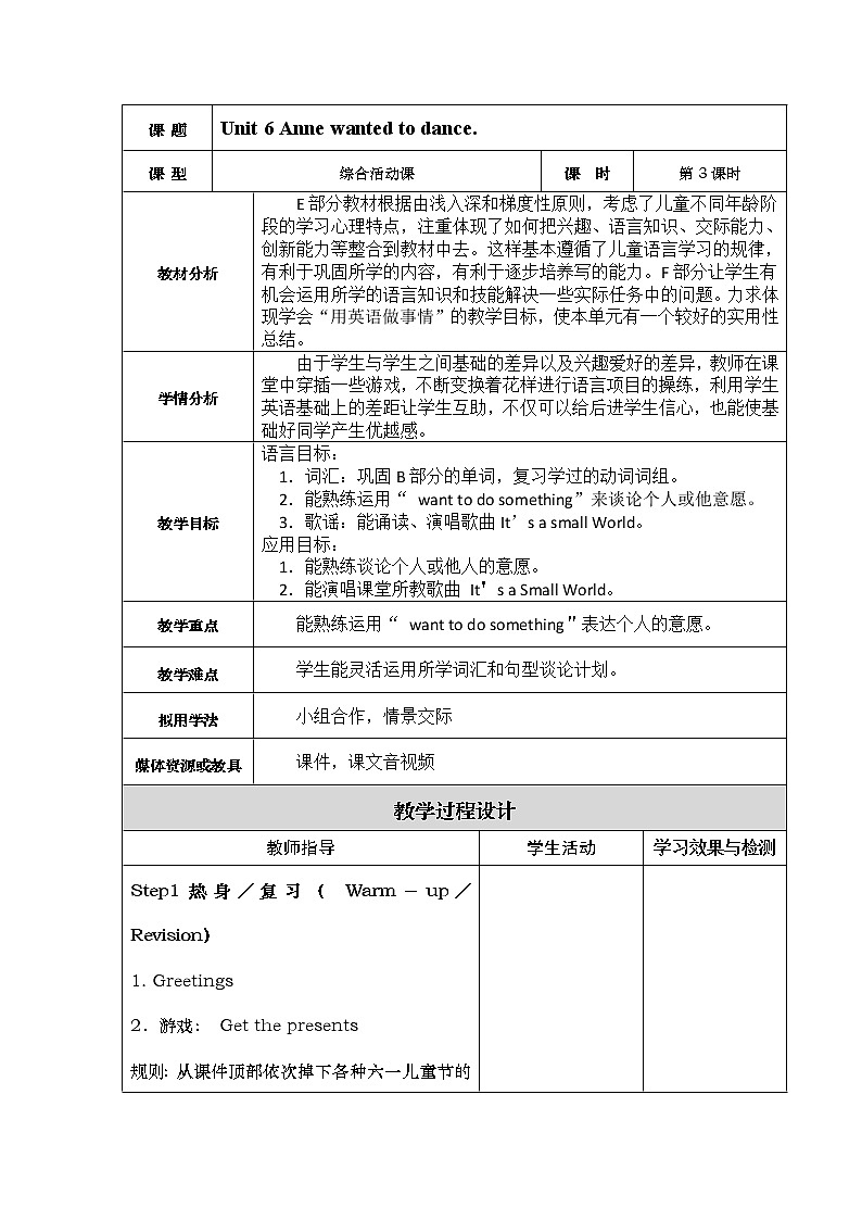 湘少版英语六年级下册 Unit 6 Anne wanted to dance（第三课时）教案第1页