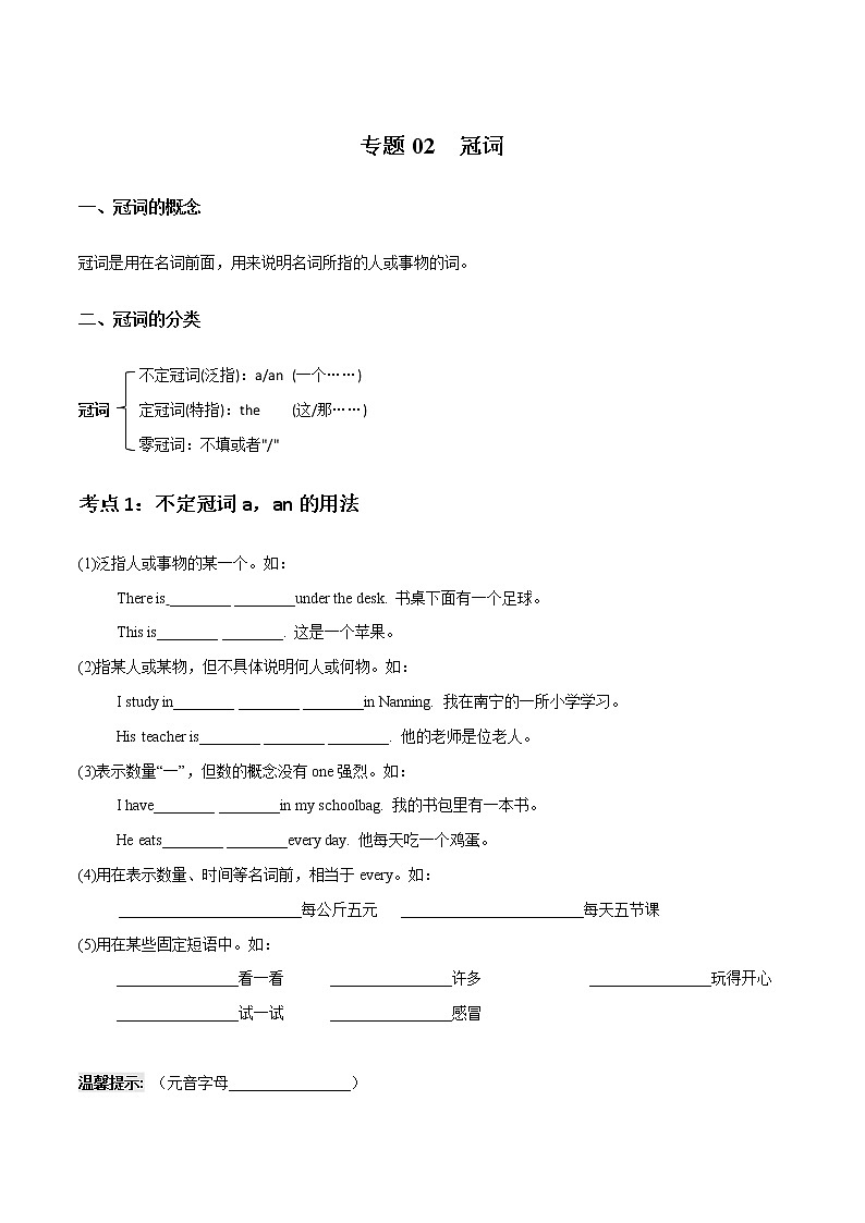专题02 冠词_备战2022年小升初英语必考语法和题型（原卷版）第1页