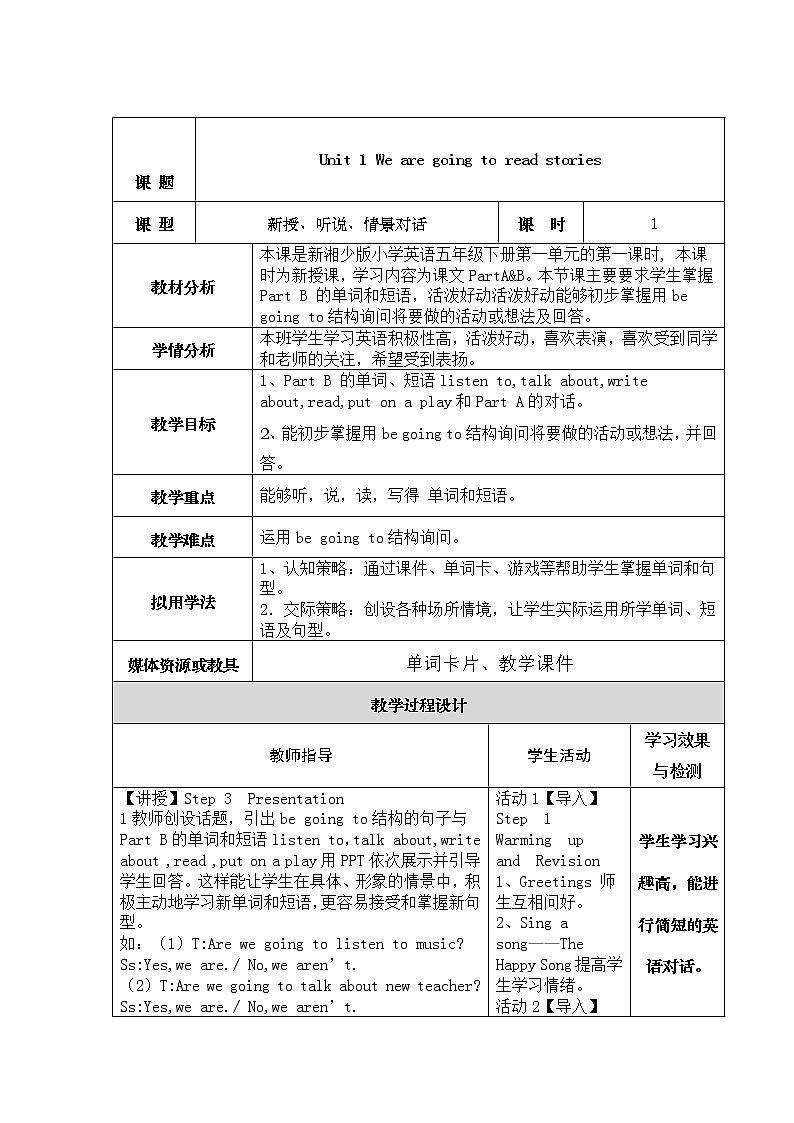 湘少版英语五年级下册 Unit 1 We are going to read stories.  教案01