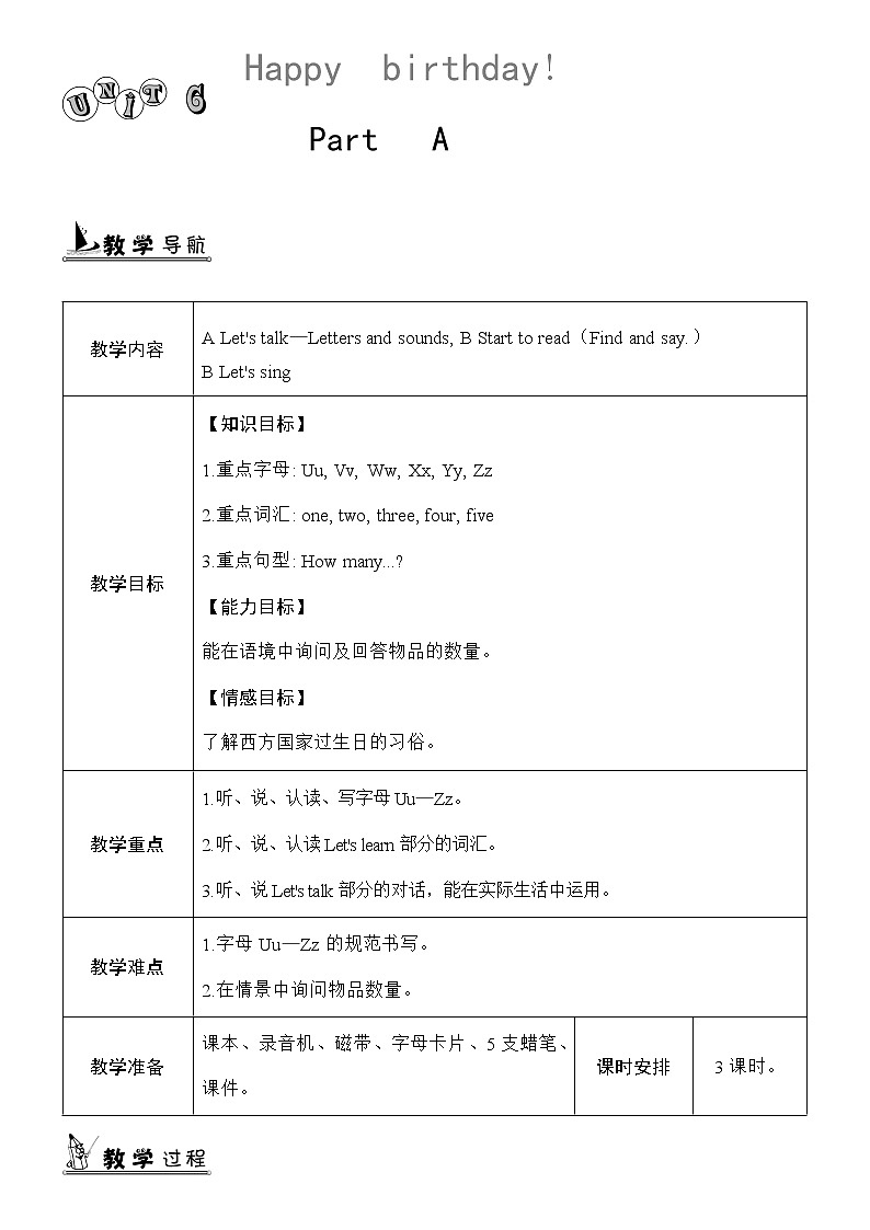 人教版PEP小学三年级上册英语Unit 6 单元教案 1第1页