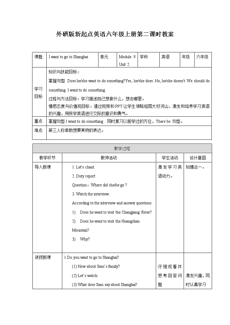 英语外研新标准（三起）六年级上册- Module 9 Unit 2 I want to go to Shanghai.教案01