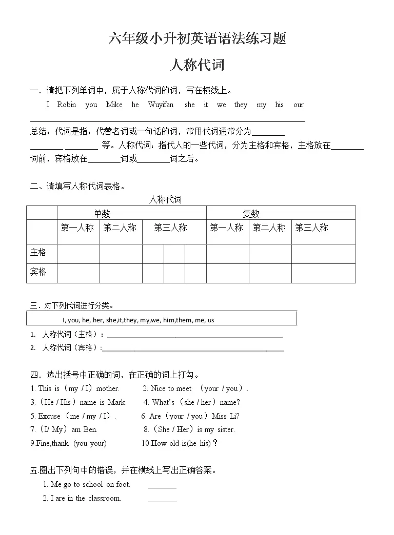 六年级英语人教版 小升初英语语法 人称代词和物主代词 无答案 练习题 教习网 试卷下载