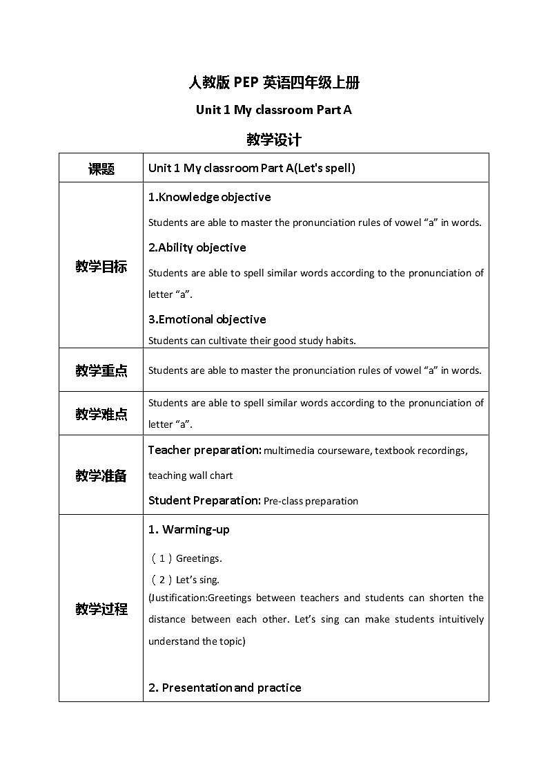 第一单元第三课时Part A(Let's spell)课件+教案+习题01