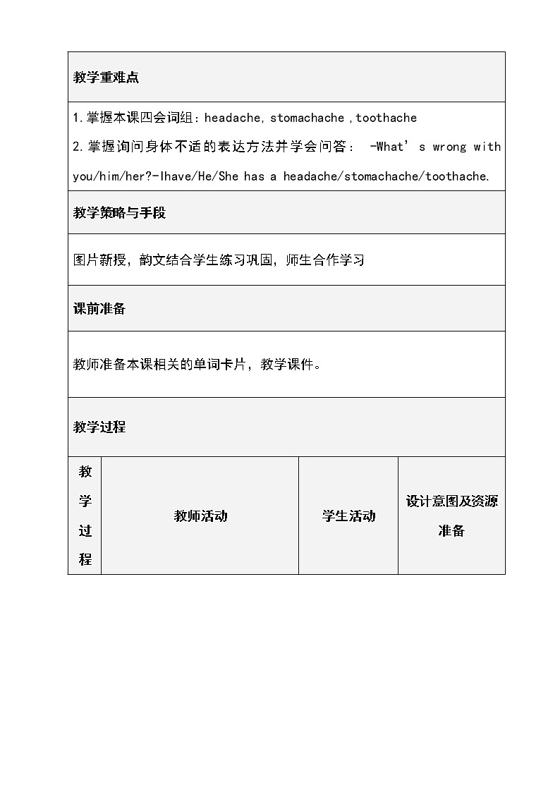 陕旅版小学英语五下 Unit7 I Have a Headache partA 教案第2页