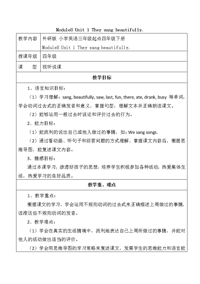 外研版（三起）小学英语四下 M8 U1 They sang beautifully. 教案01