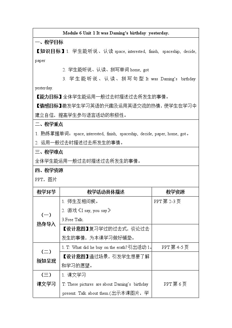 外研版（三起）小学英语六下 Module6 Unit1 It was Daming 's birthday yesterday. 教案第1页