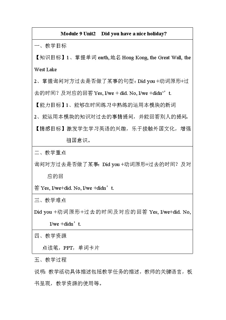 外研版（三起）小学英语四下 M9 U2 Did you have a nice holiday？ 教案第1页