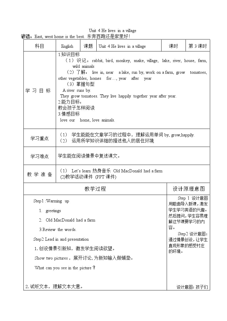 陕旅版小学英语五下 Unit4 He Lives in a Village partC 教案01