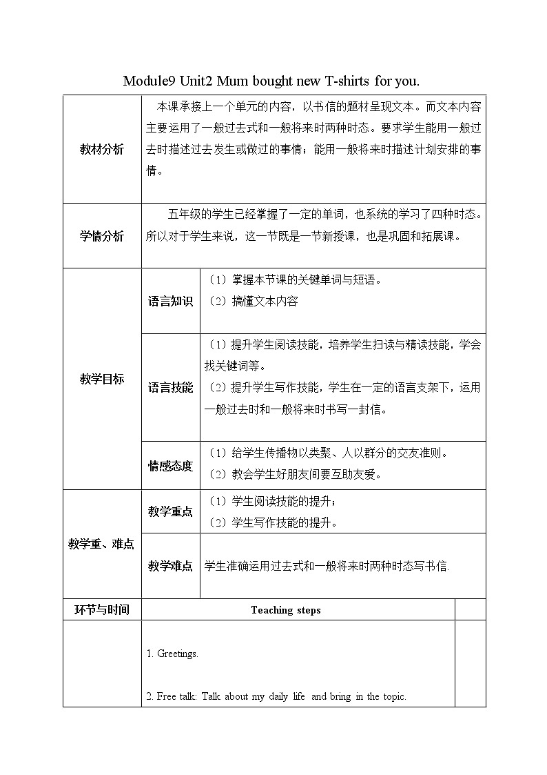 外研版（三起）小学英语五下 M9 U2 Mum bought new T-shirts for you. 教案01
