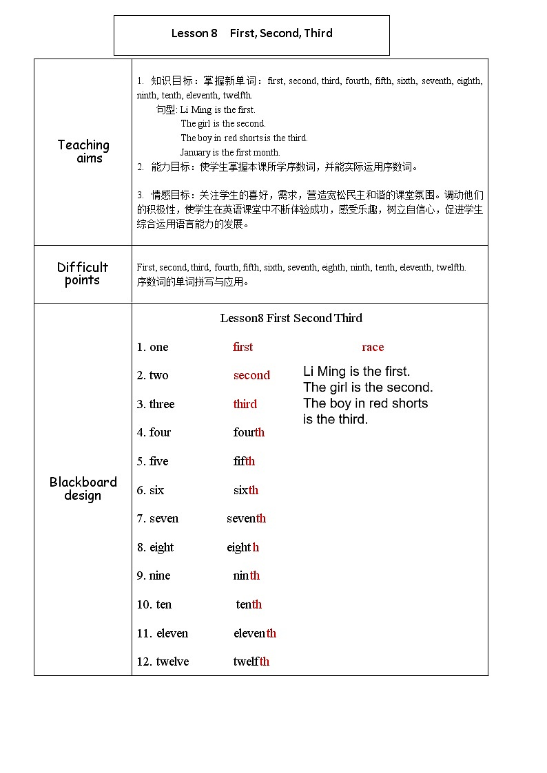 四年级下册英语教案－8 First,Second,third ｜冀教版（三起）01