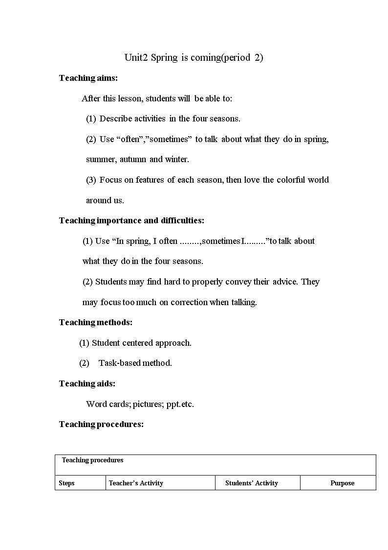 陕旅版小学英语五下 Unit2 Spring Is Coming！partC 教案01