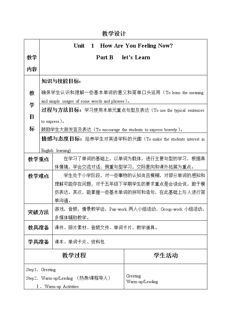 陕旅版小学英语五下 Unit1 How Are You Feeling Now？partB 教案01