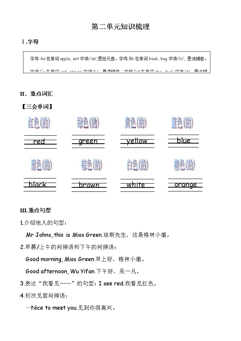 人教版 (PEP)三年级上册第二单元——【教案（一课一教）+单词卡片+知识梳理】01