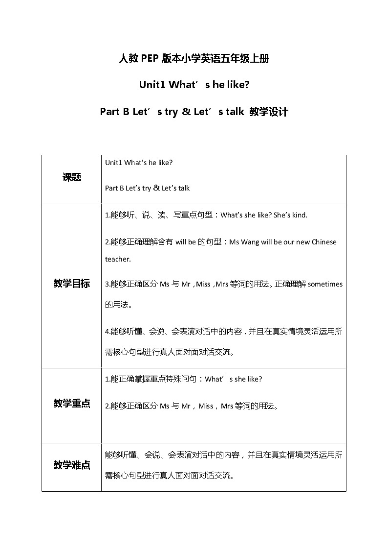 Unit1 What's he like Part B Let‘s talk课件+教案01