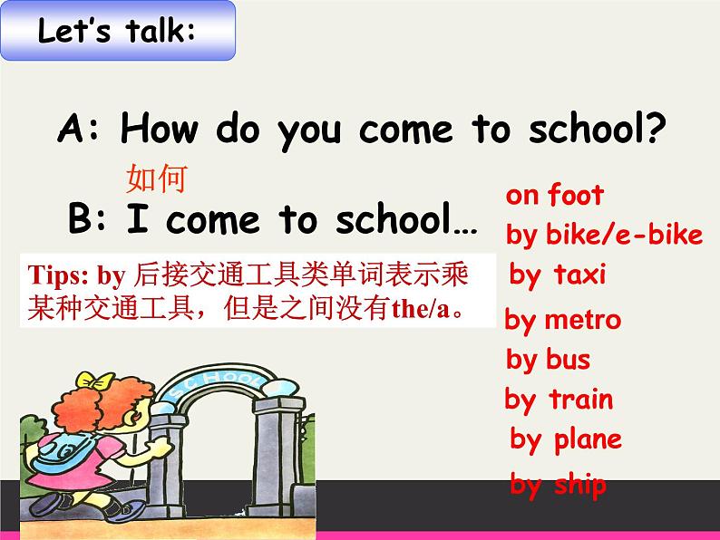 译林版小学英语五下 Unit2 How do you come to school？(第1课时) 课件第6页