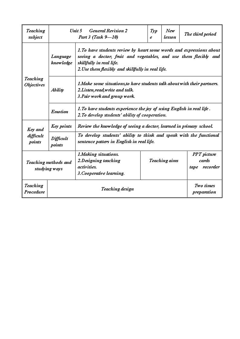 六年级下册英语教案－Unit5 General Revision 2 Task 9-Task 10  ｜人教精通版第1页