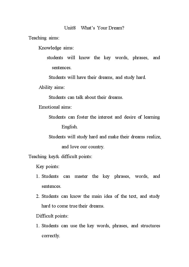 陕旅版小学英语六下 Unit8 What 's Your Dream？ partA 教案第1页