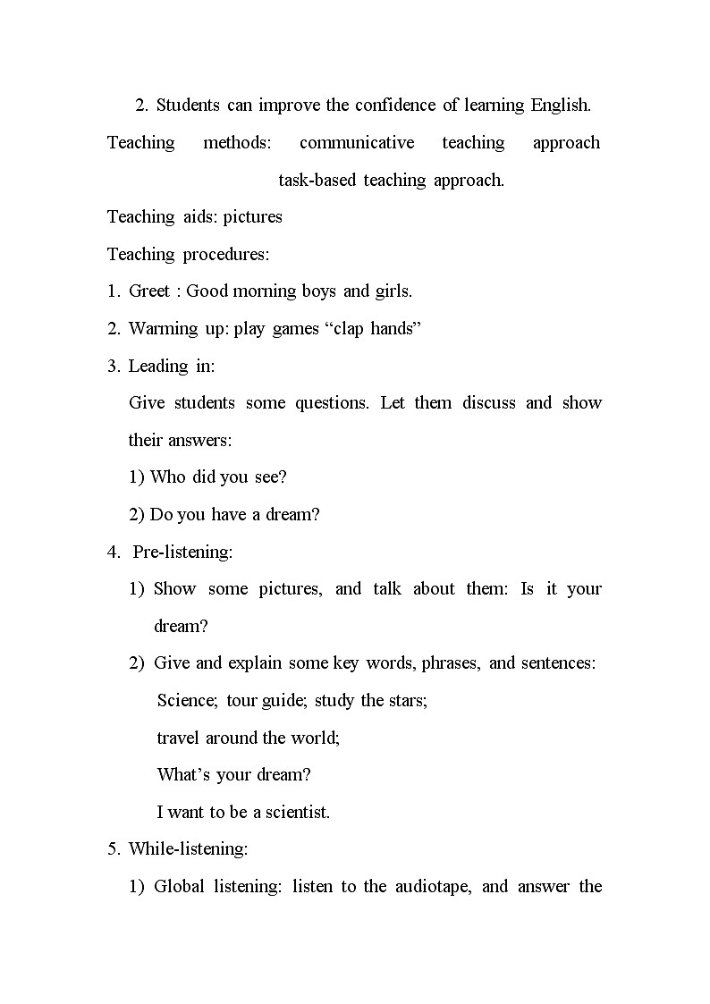 陕旅版小学英语六下 Unit8 What 's Your Dream？ partA 教案第2页