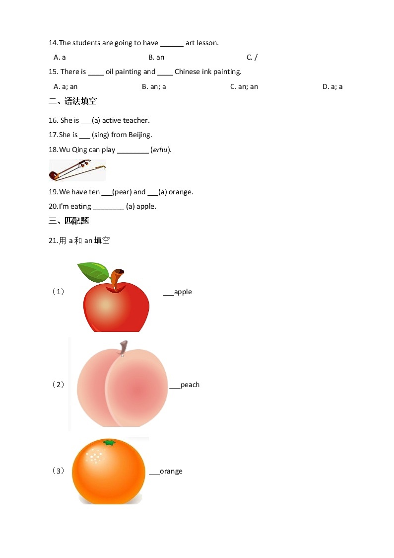 2022年小学英语小升初专项复习：冠词 练习02