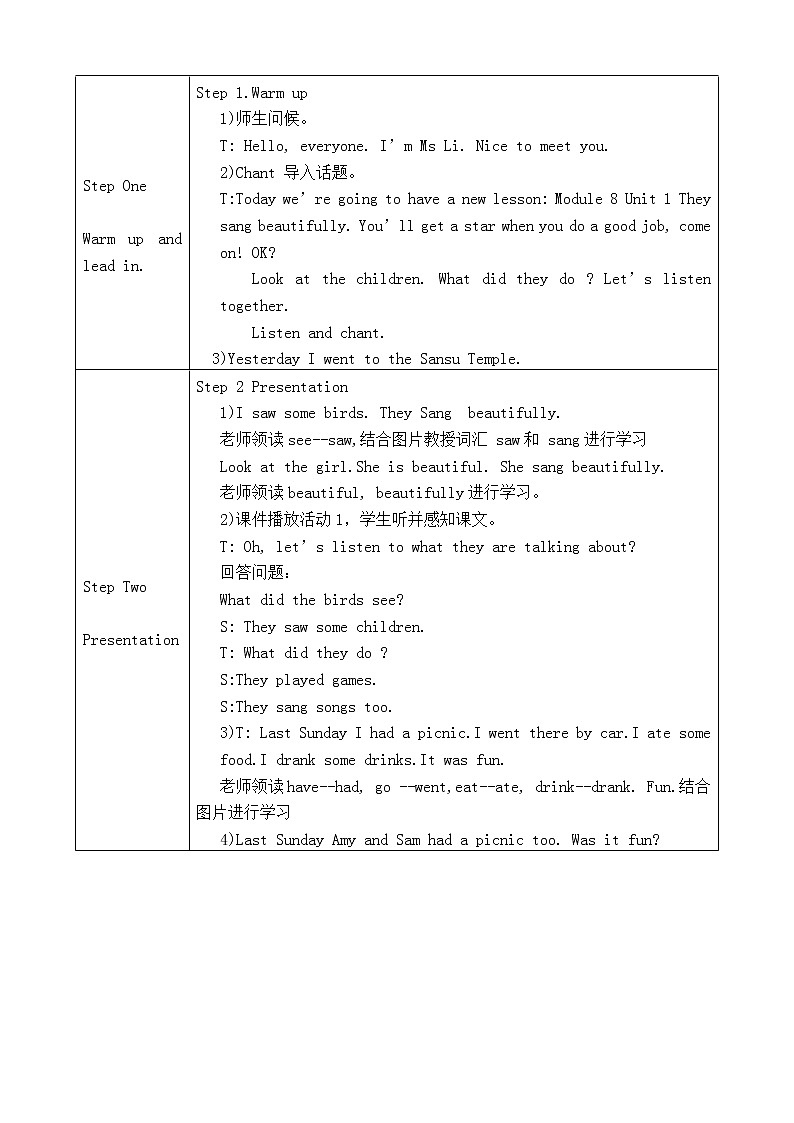 外研版（三起）小学英语四下 M8 U1 They sang beautifully. 教案第2页