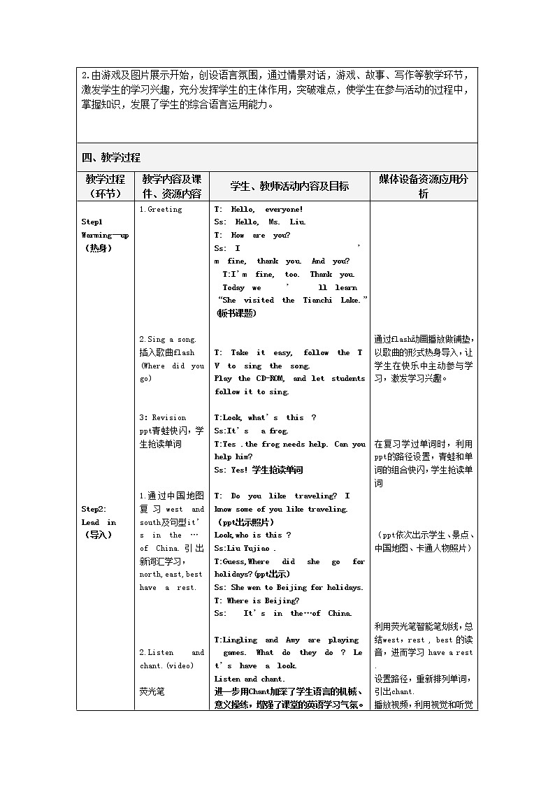 外研版（三起）小学英语五下 M6 U2 She visited the tianchi lake. 教案第2页
