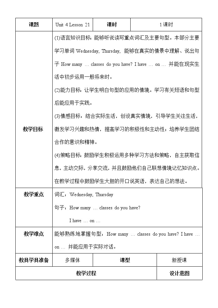 四年级下册英语教案－Unit 4 There are seven days in a week Lesson 21  ｜人教精通版01