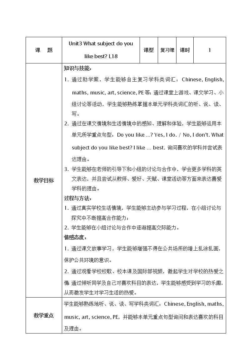 四年级下册英语教案－Unit 3 What subject do you like best Lesson 18  ｜人教精通版第2页