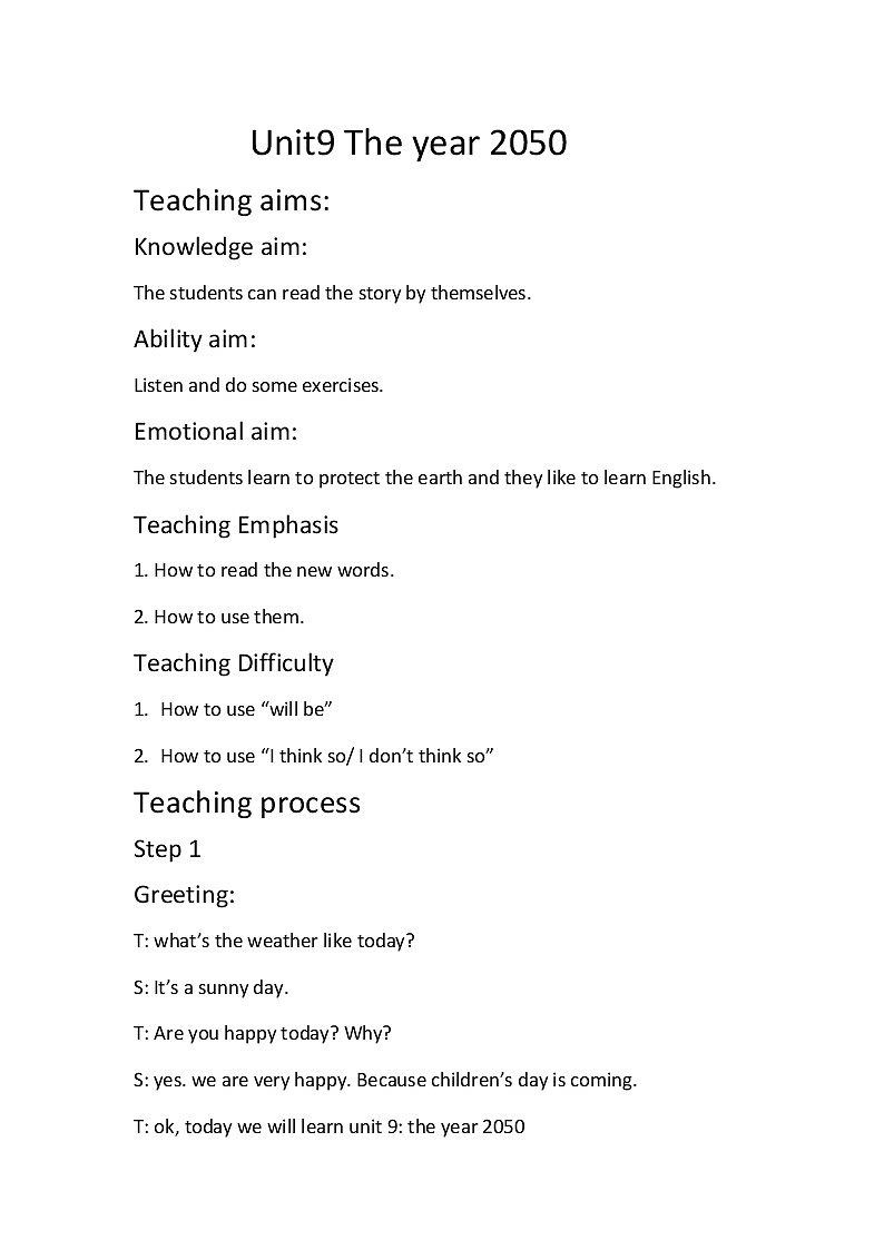 北师大版六下英语 Unit9 The Year 2050 Lesson1 教案第1页