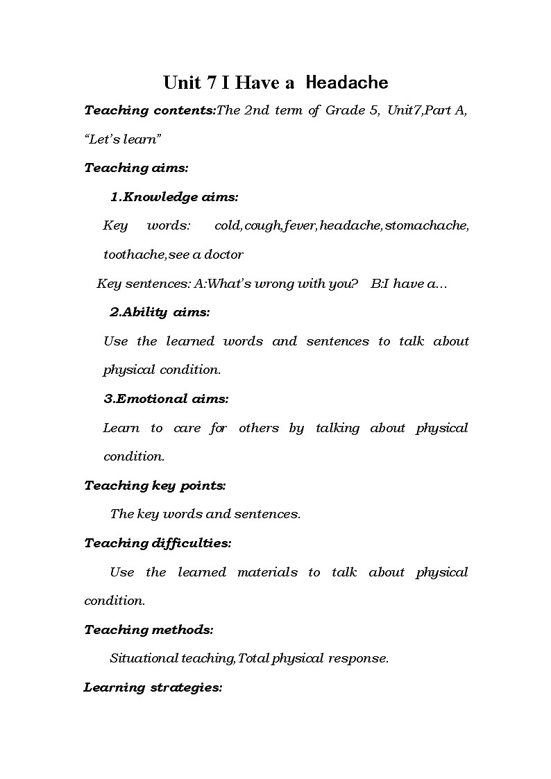 陕旅版小学英语五下 Unit7 I Have a Headache partA  教案第1页