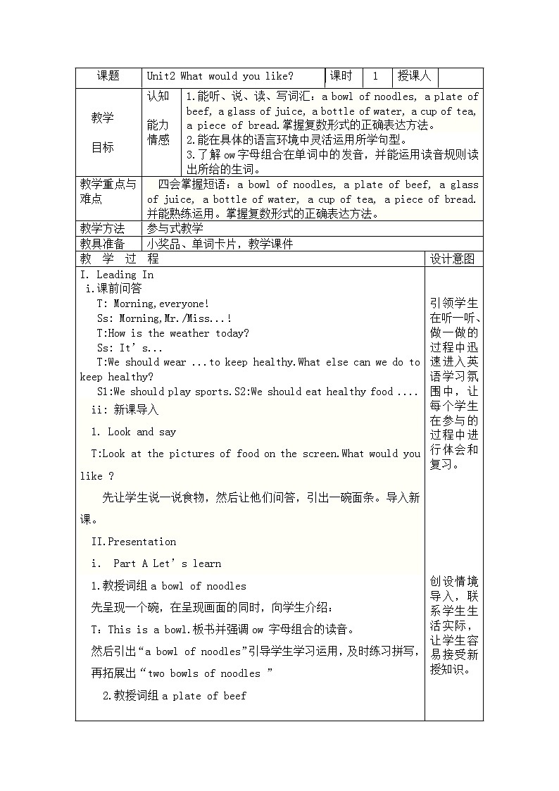 陕旅版小学英语六下 Unit2 What Would You Like？ partA 教案第1页