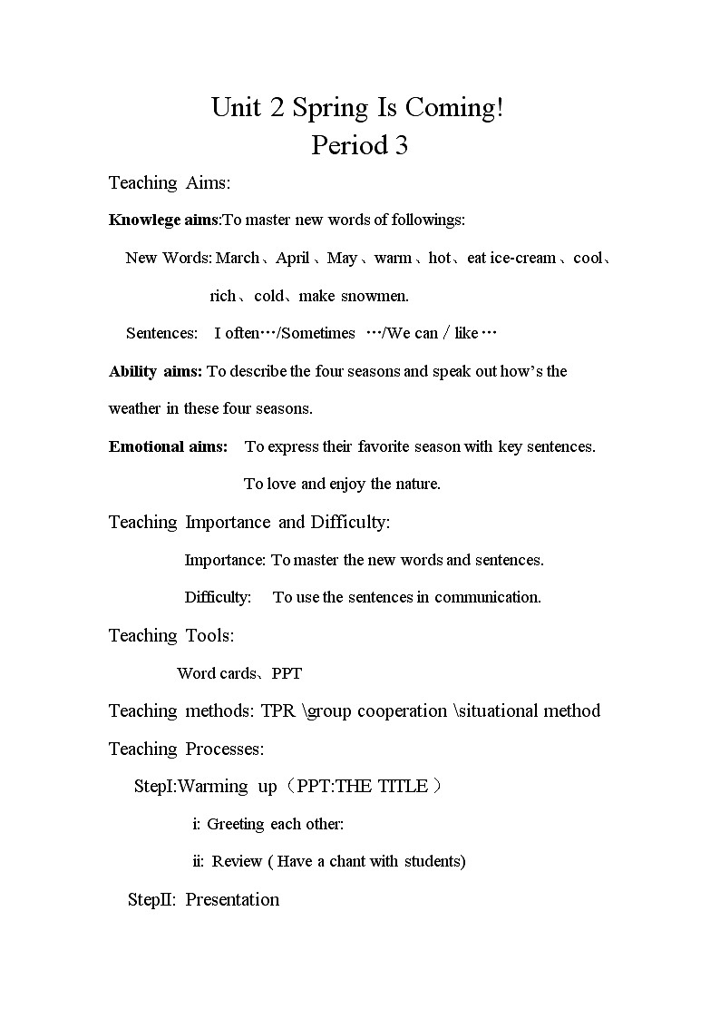 陕旅版小学英语五下 Unit2 Spring Is Coming！partC 教案01
