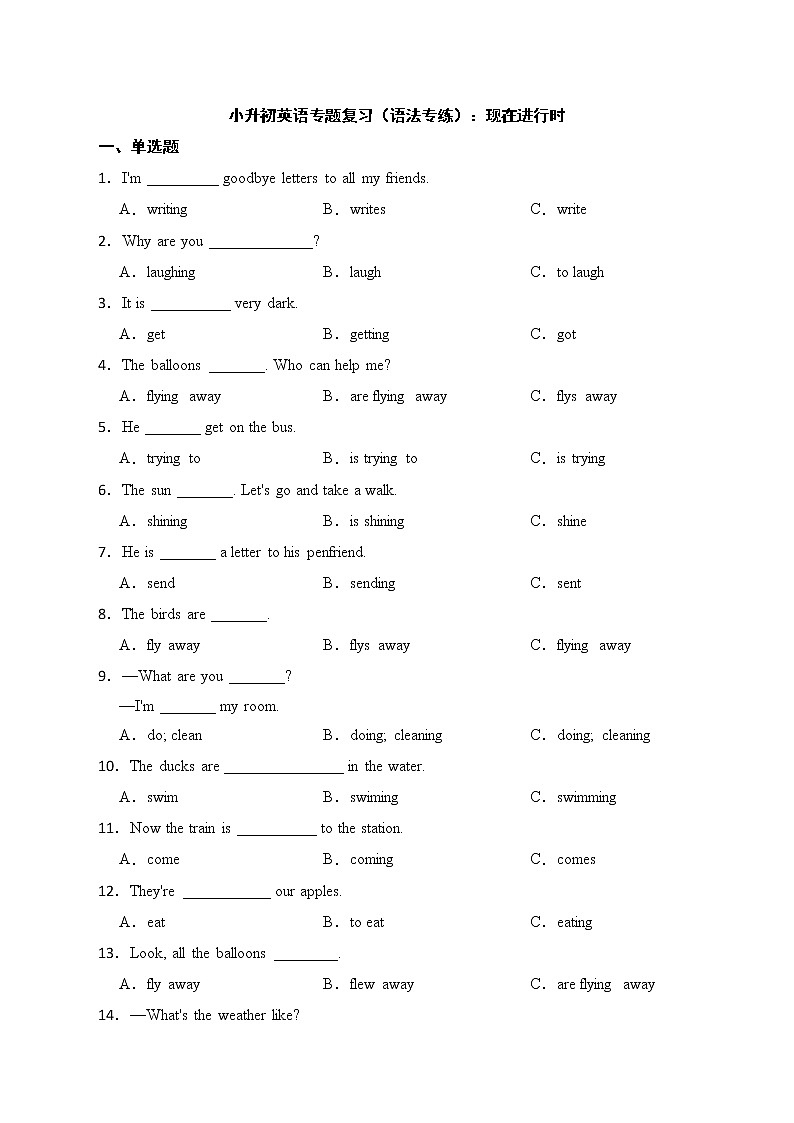 备考2022年小升初英语专题复习（语法专练）：现在进行时第1页