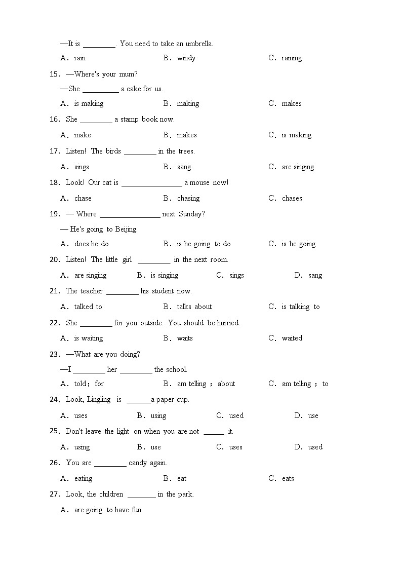 备考2022年小升初英语专题复习（语法专练）：现在进行时第2页