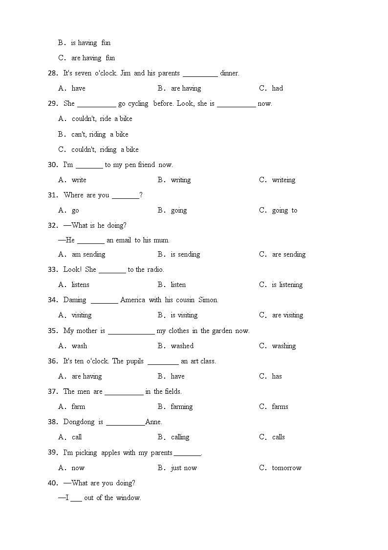 备考2022年小升初英语专题复习（语法专练）：现在进行时第3页