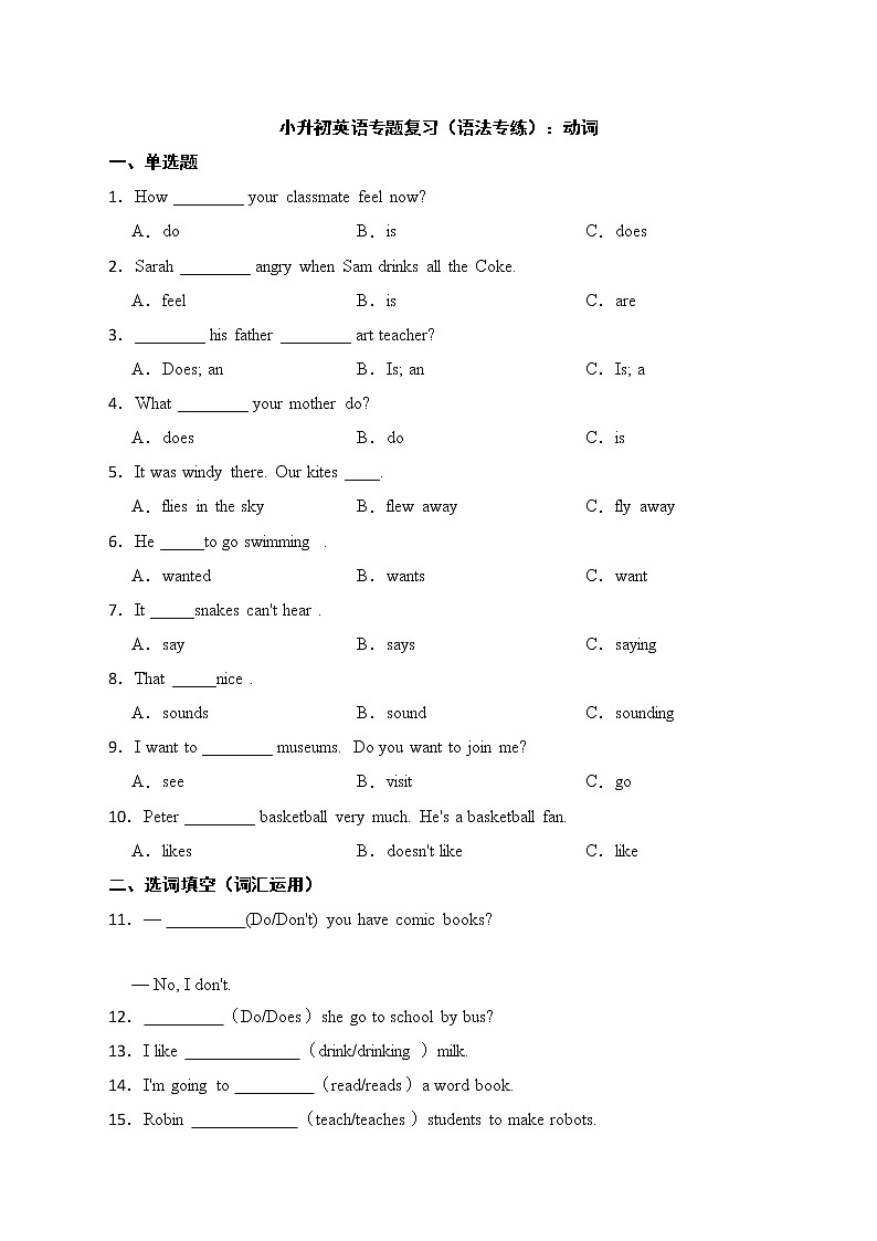 2022年小升初英语专题复习（语法专练）：动词第1页