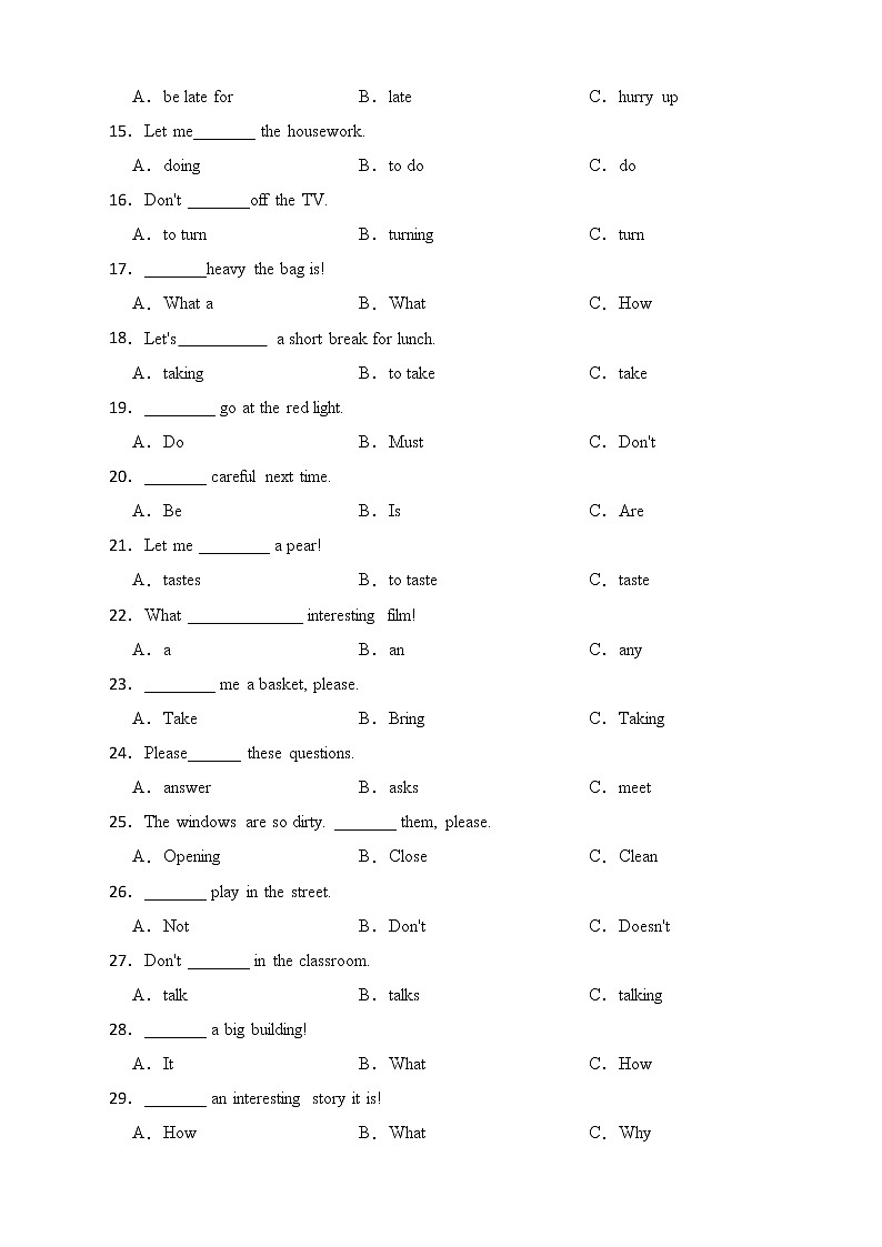 备考2022年小升初英语专题复习（语法专练）：祈使句和感叹句02