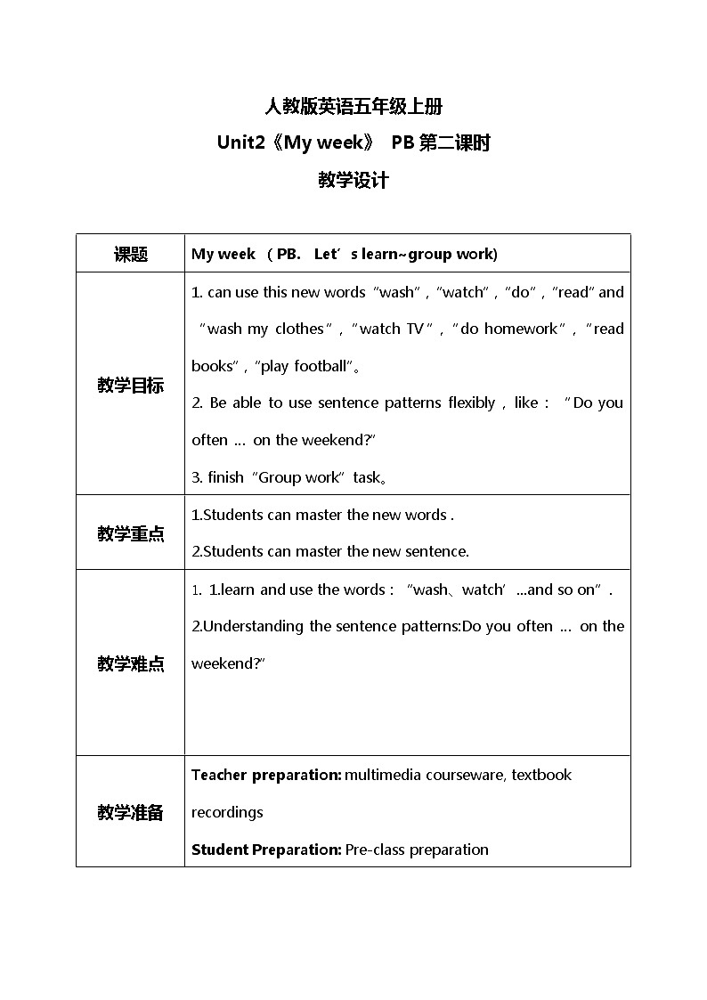 unit2 《My week》第二课时PB Let's learn~group work课件+教案+音频01