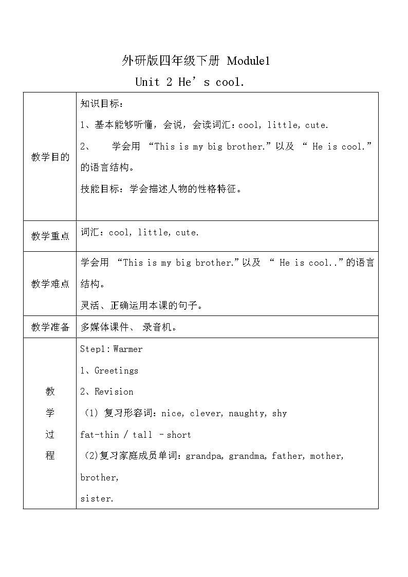 外研版（三起）小学英语四下 M1 U2 He's cool. 教案01