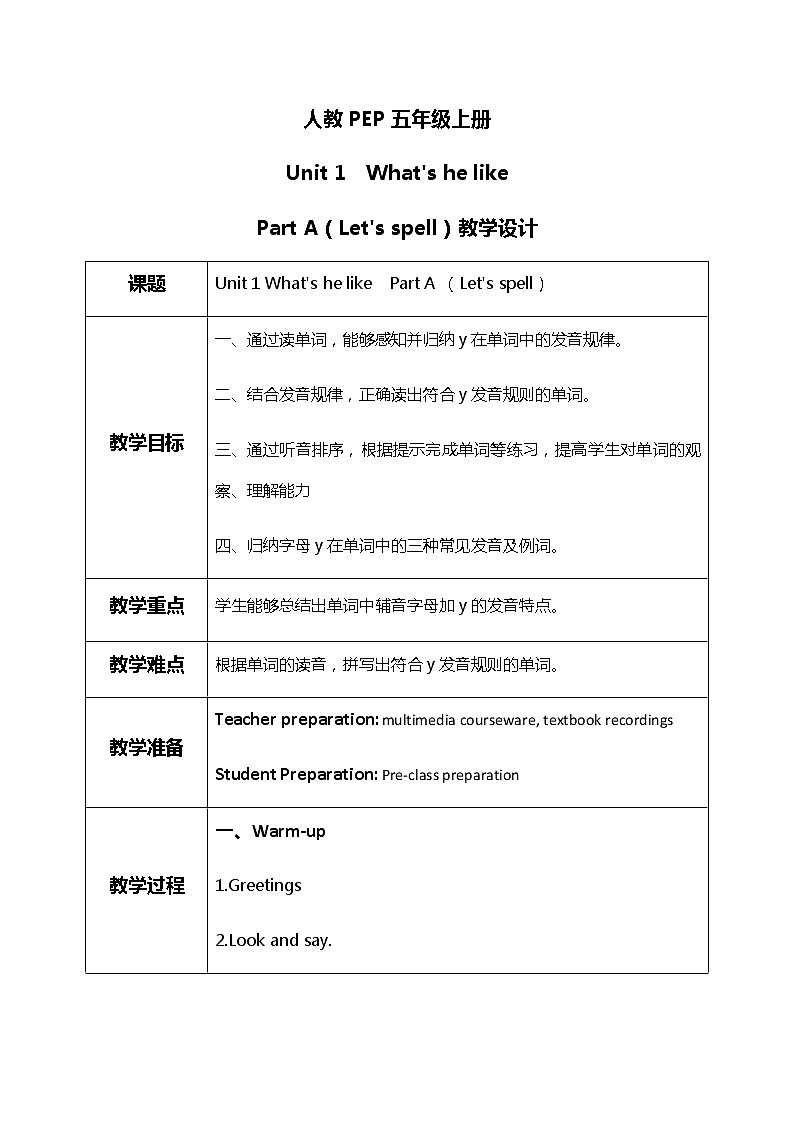 人教版PEP五上《Unit1 What's he likePart A（Let's spell）》课件+教学设计+素材01