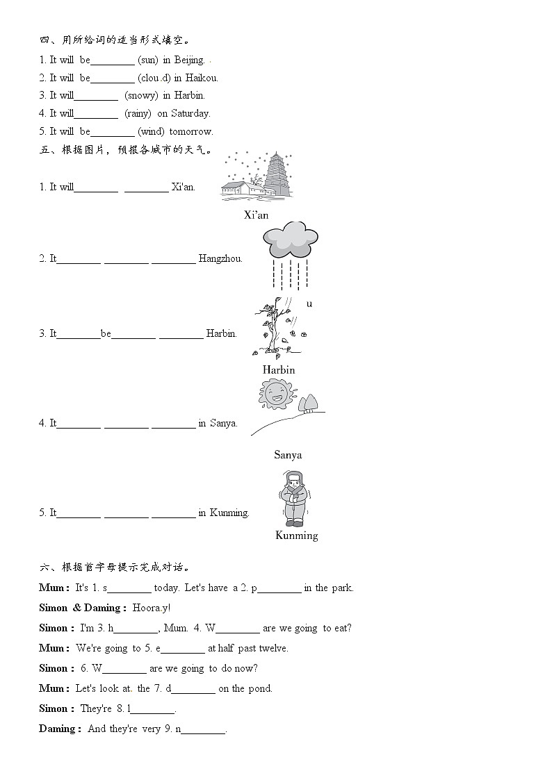 外研版六年级下册Module 2 Unit2 It will snow in Harbin 同步练习02