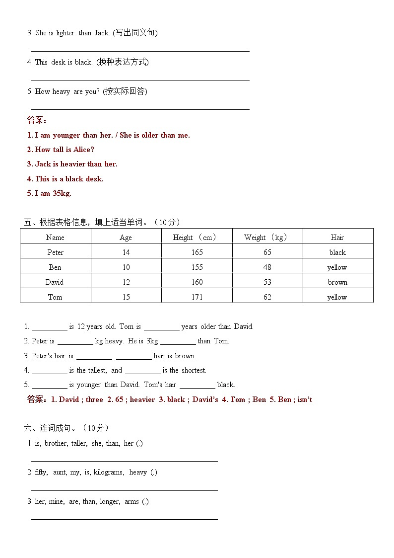 人教版PEP 六年级下册 Unit 1 How tall are you 练习卷（含答案）第3页