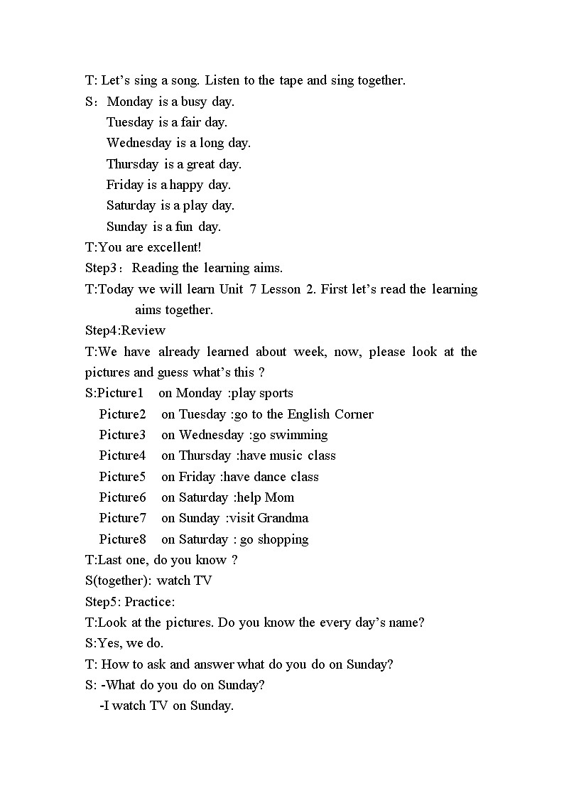 北师大版五下英语 Unit7 Days of the week Lesson2 教案02
