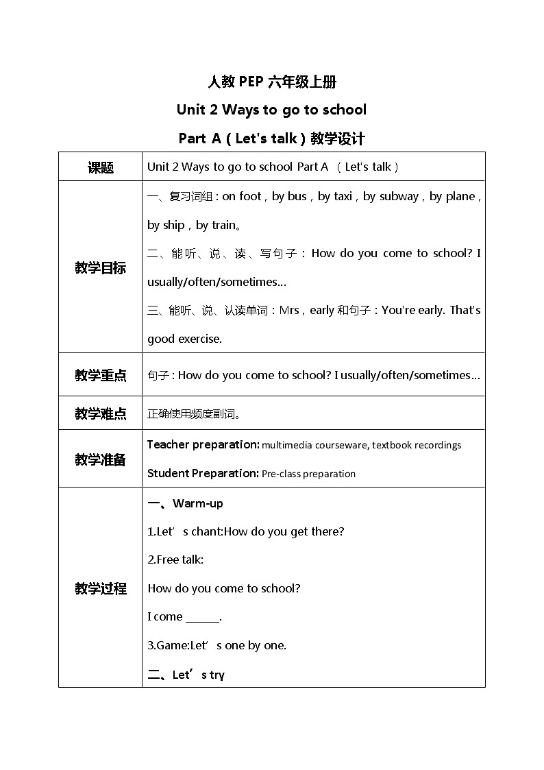 人教版PEP六上《Unit 2 Ways to go to school PA （Let 's talk）》教学设计第1页