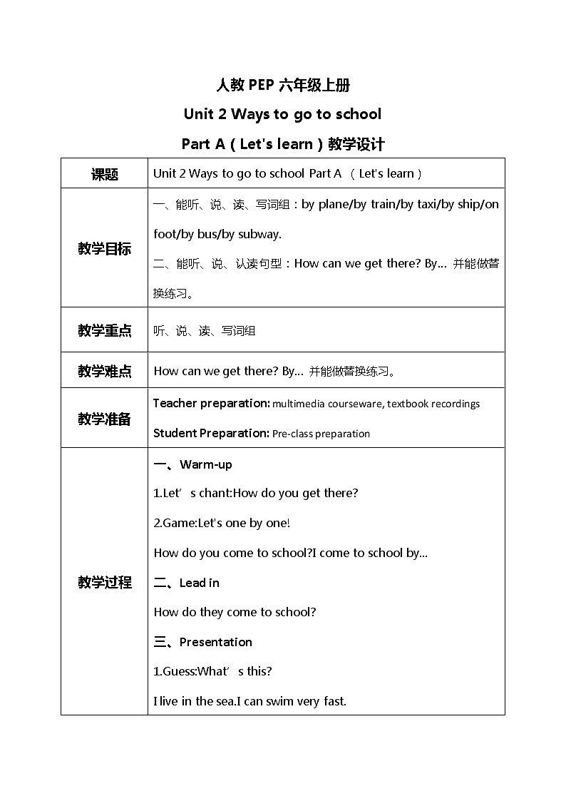 人教版PEP六上《Unit 2 Ways to go to school PA （Let's learn）》课件+教学设计+素材01