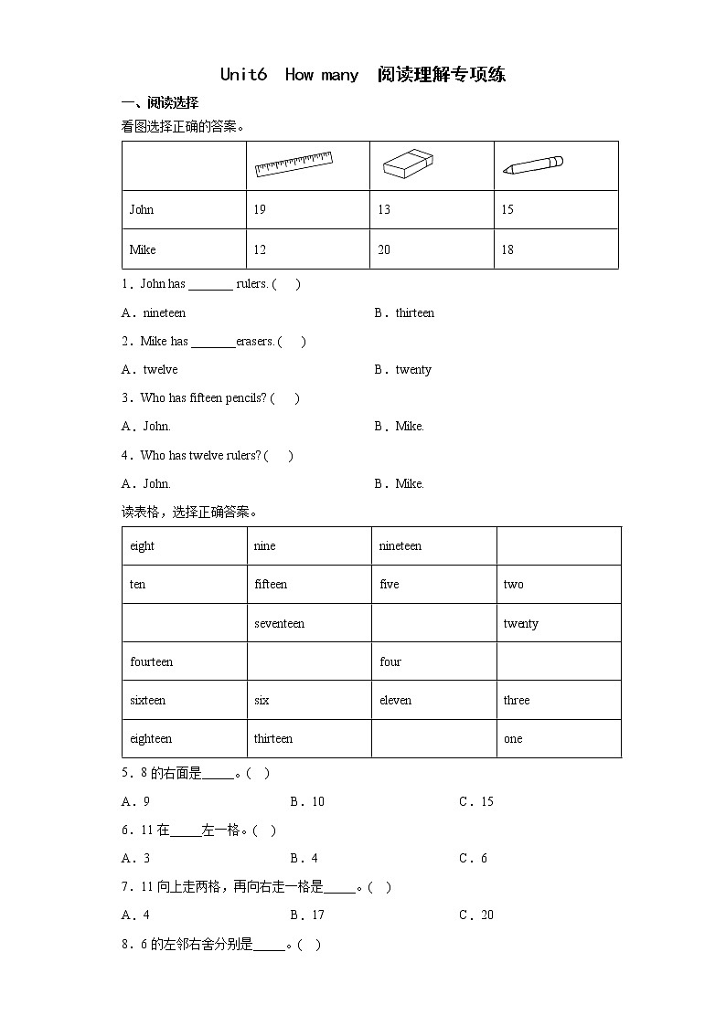 Unit6  How many ？ 阅读理解专项练（试题）-2021-2022学年英语三年级下册（有答案）第1页
